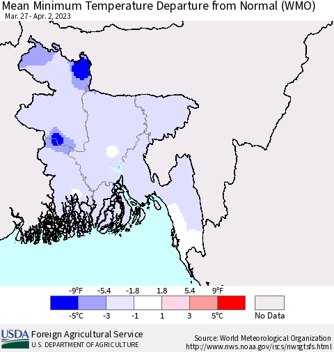 Bangladesh Mean Minimum Temperature Departure from Normal (WMO) Thematic Map For 3/27/2023 - 4/2/2023