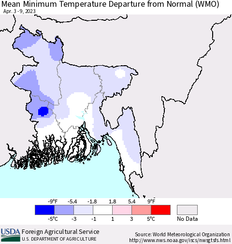 Bangladesh Mean Minimum Temperature Departure from Normal (WMO) Thematic Map For 4/3/2023 - 4/9/2023