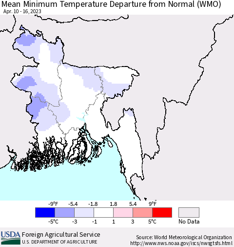Bangladesh Mean Minimum Temperature Departure from Normal (WMO) Thematic Map For 4/10/2023 - 4/16/2023