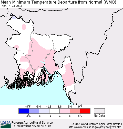 Bangladesh Mean Minimum Temperature Departure from Normal (WMO) Thematic Map For 4/17/2023 - 4/23/2023