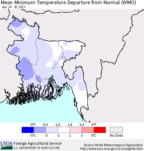 Bangladesh Mean Minimum Temperature Departure from Normal (WMO) Thematic Map For 4/24/2023 - 4/30/2023