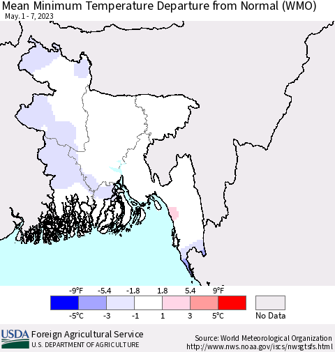 Bangladesh Mean Minimum Temperature Departure from Normal (WMO) Thematic Map For 5/1/2023 - 5/7/2023