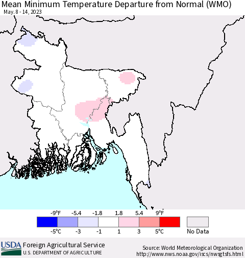 Bangladesh Mean Minimum Temperature Departure from Normal (WMO) Thematic Map For 5/8/2023 - 5/14/2023