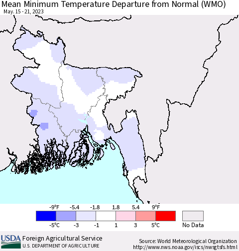 Bangladesh Mean Minimum Temperature Departure from Normal (WMO) Thematic Map For 5/15/2023 - 5/21/2023