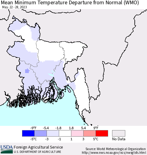 Bangladesh Mean Minimum Temperature Departure from Normal (WMO) Thematic Map For 5/22/2023 - 5/28/2023