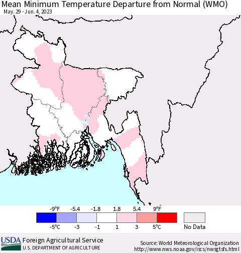 Bangladesh Mean Minimum Temperature Departure from Normal (WMO) Thematic Map For 5/29/2023 - 6/4/2023