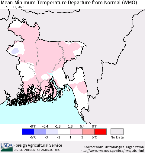 Bangladesh Mean Minimum Temperature Departure from Normal (WMO) Thematic Map For 6/5/2023 - 6/11/2023