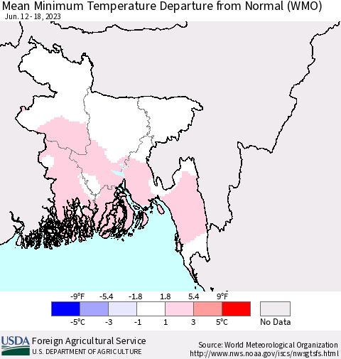 Bangladesh Mean Minimum Temperature Departure from Normal (WMO) Thematic Map For 6/12/2023 - 6/18/2023