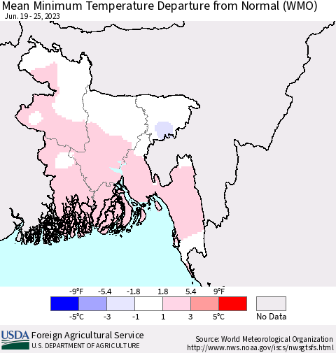 Bangladesh Mean Minimum Temperature Departure from Normal (WMO) Thematic Map For 6/19/2023 - 6/25/2023