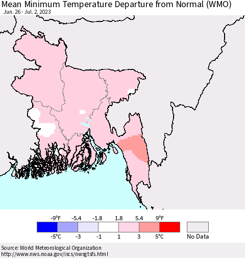 Bangladesh Mean Minimum Temperature Departure from Normal (WMO) Thematic Map For 6/26/2023 - 7/2/2023