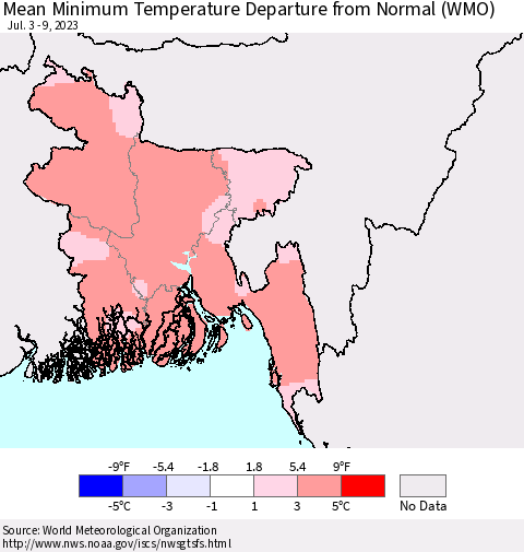 Bangladesh Mean Minimum Temperature Departure from Normal (WMO) Thematic Map For 7/3/2023 - 7/9/2023