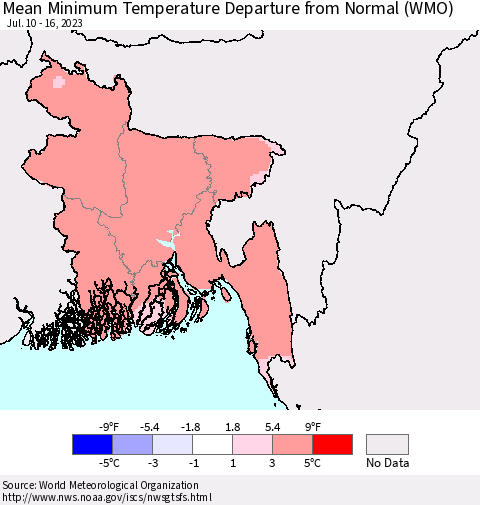 Bangladesh Mean Minimum Temperature Departure from Normal (WMO) Thematic Map For 7/10/2023 - 7/16/2023