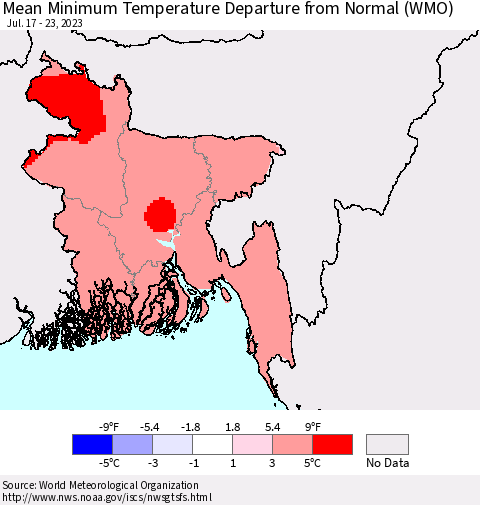 Bangladesh Mean Minimum Temperature Departure from Normal (WMO) Thematic Map For 7/17/2023 - 7/23/2023