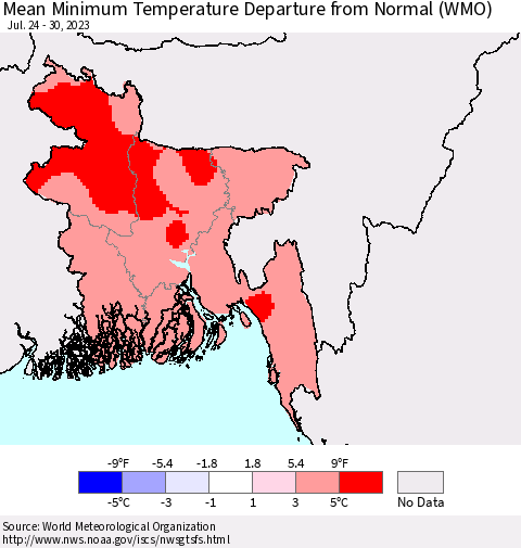 Bangladesh Mean Minimum Temperature Departure from Normal (WMO) Thematic Map For 7/24/2023 - 7/30/2023