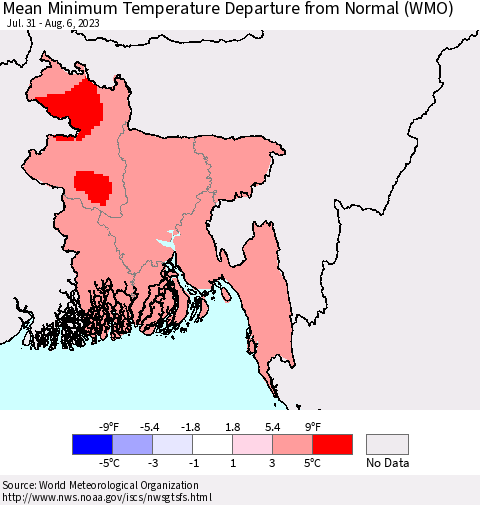 Bangladesh Mean Minimum Temperature Departure from Normal (WMO) Thematic Map For 7/31/2023 - 8/6/2023