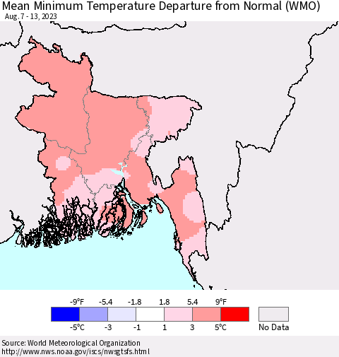 Bangladesh Mean Minimum Temperature Departure from Normal (WMO) Thematic Map For 8/7/2023 - 8/13/2023