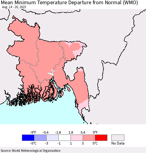 Bangladesh Mean Minimum Temperature Departure from Normal (WMO) Thematic Map For 8/14/2023 - 8/20/2023
