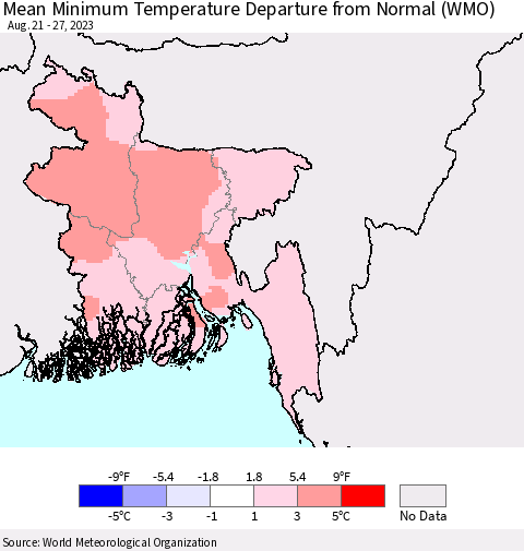 Bangladesh Mean Minimum Temperature Departure from Normal (WMO) Thematic Map For 8/21/2023 - 8/27/2023