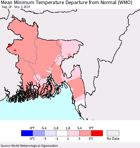 Bangladesh Mean Minimum Temperature Departure from Normal (WMO) Thematic Map For 8/28/2023 - 9/3/2023