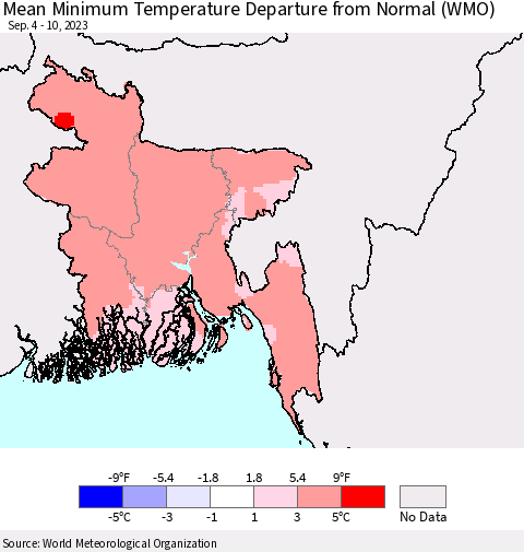 Bangladesh Mean Minimum Temperature Departure from Normal (WMO) Thematic Map For 9/4/2023 - 9/10/2023