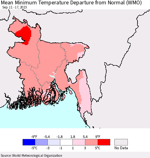 Bangladesh Mean Minimum Temperature Departure from Normal (WMO) Thematic Map For 9/11/2023 - 9/17/2023