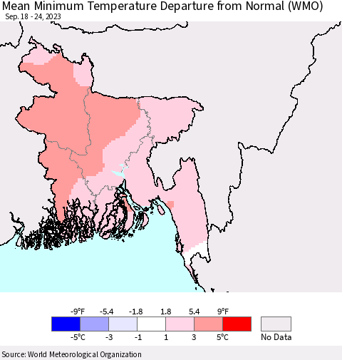 Bangladesh Mean Minimum Temperature Departure from Normal (WMO) Thematic Map For 9/18/2023 - 9/24/2023