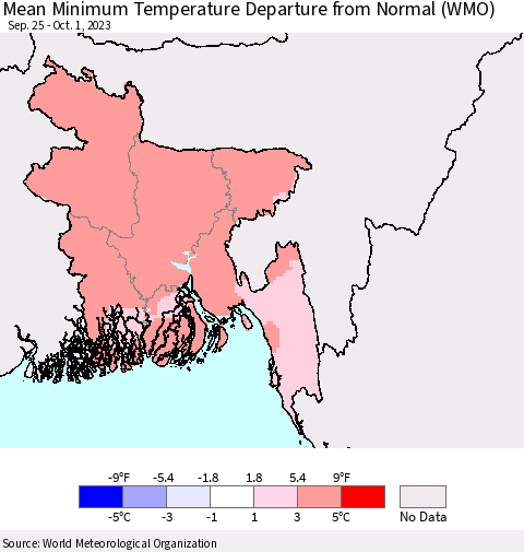 Bangladesh Mean Minimum Temperature Departure from Normal (WMO) Thematic Map For 9/25/2023 - 10/1/2023