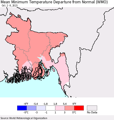 Bangladesh Mean Minimum Temperature Departure from Normal (WMO) Thematic Map For 10/2/2023 - 10/8/2023