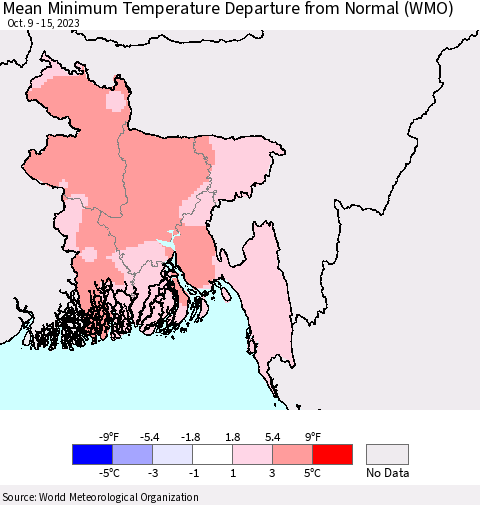 Bangladesh Mean Minimum Temperature Departure from Normal (WMO) Thematic Map For 10/9/2023 - 10/15/2023
