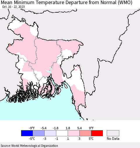 Bangladesh Mean Minimum Temperature Departure from Normal (WMO) Thematic Map For 10/16/2023 - 10/22/2023