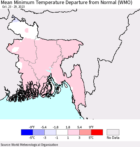 Bangladesh Mean Minimum Temperature Departure from Normal (WMO) Thematic Map For 10/23/2023 - 10/29/2023