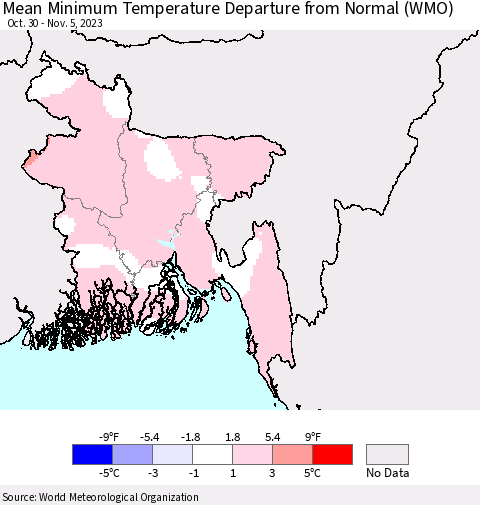 Bangladesh Mean Minimum Temperature Departure from Normal (WMO) Thematic Map For 10/30/2023 - 11/5/2023