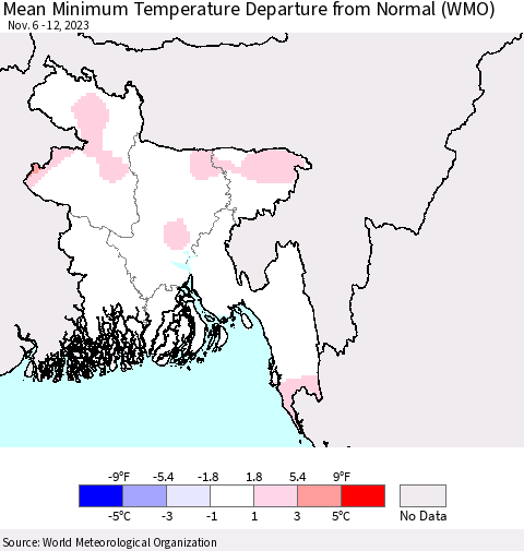 Bangladesh Mean Minimum Temperature Departure from Normal (WMO) Thematic Map For 11/6/2023 - 11/12/2023