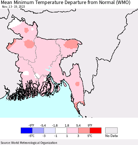 Bangladesh Mean Minimum Temperature Departure from Normal (WMO) Thematic Map For 11/13/2023 - 11/19/2023