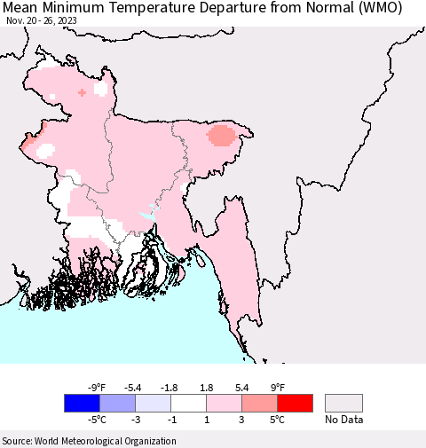Bangladesh Mean Minimum Temperature Departure from Normal (WMO) Thematic Map For 11/20/2023 - 11/26/2023
