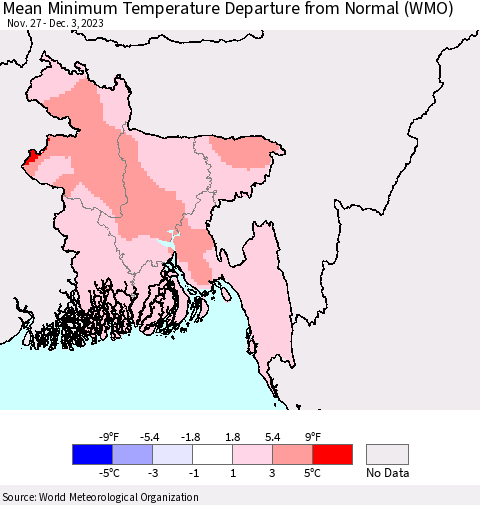 Bangladesh Mean Minimum Temperature Departure from Normal (WMO) Thematic Map For 11/27/2023 - 12/3/2023
