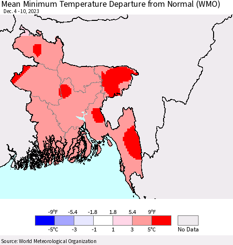 Bangladesh Mean Minimum Temperature Departure from Normal (WMO) Thematic Map For 12/4/2023 - 12/10/2023