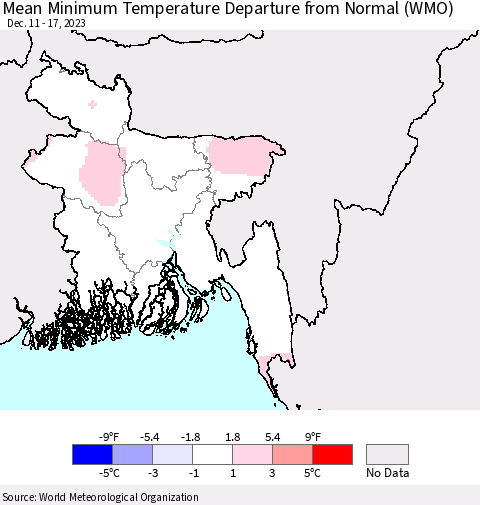 Bangladesh Mean Minimum Temperature Departure from Normal (WMO) Thematic Map For 12/11/2023 - 12/17/2023