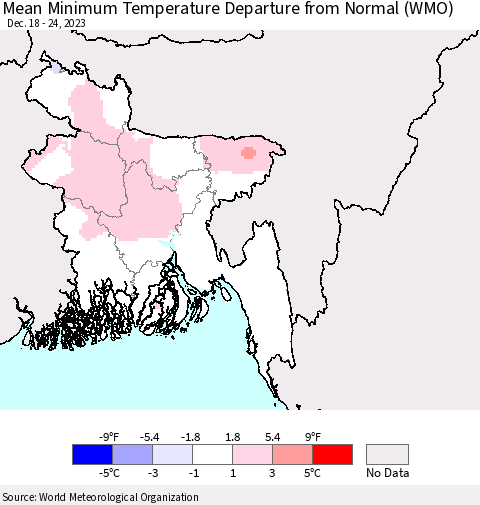 Bangladesh Mean Minimum Temperature Departure from Normal (WMO) Thematic Map For 12/18/2023 - 12/24/2023