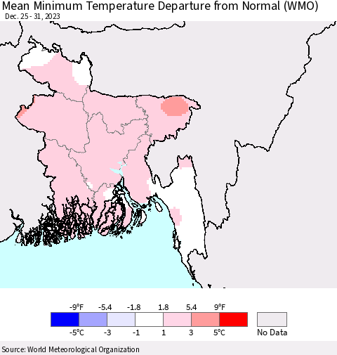 Bangladesh Mean Minimum Temperature Departure from Normal (WMO) Thematic Map For 12/25/2023 - 12/31/2023