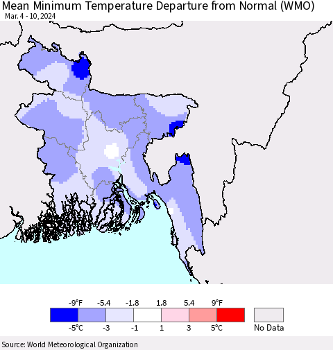 Bangladesh Mean Minimum Temperature Departure from Normal (WMO) Thematic Map For 3/4/2024 - 3/10/2024