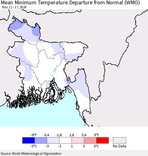 Bangladesh Mean Minimum Temperature Departure from Normal (WMO) Thematic Map For 3/11/2024 - 3/17/2024