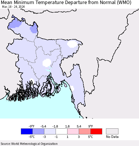 Bangladesh Mean Minimum Temperature Departure from Normal (WMO) Thematic Map For 3/18/2024 - 3/24/2024