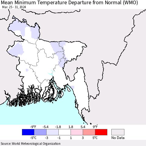 Bangladesh Mean Minimum Temperature Departure from Normal (WMO) Thematic Map For 3/25/2024 - 3/31/2024