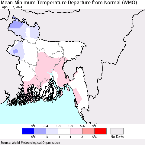 Bangladesh Mean Minimum Temperature Departure from Normal (WMO) Thematic Map For 4/1/2024 - 4/7/2024