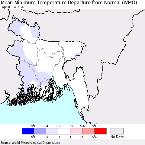 Bangladesh Mean Minimum Temperature Departure from Normal (WMO) Thematic Map For 4/8/2024 - 4/14/2024