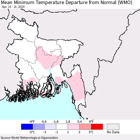 Bangladesh Mean Minimum Temperature Departure from Normal (WMO) Thematic Map For 4/15/2024 - 4/21/2024