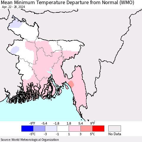 Bangladesh Mean Minimum Temperature Departure from Normal (WMO) Thematic Map For 4/22/2024 - 4/28/2024