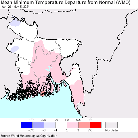 Bangladesh Mean Minimum Temperature Departure from Normal (WMO) Thematic Map For 4/29/2024 - 5/5/2024