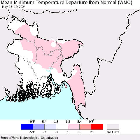 Bangladesh Mean Minimum Temperature Departure from Normal (WMO) Thematic Map For 5/13/2024 - 5/19/2024